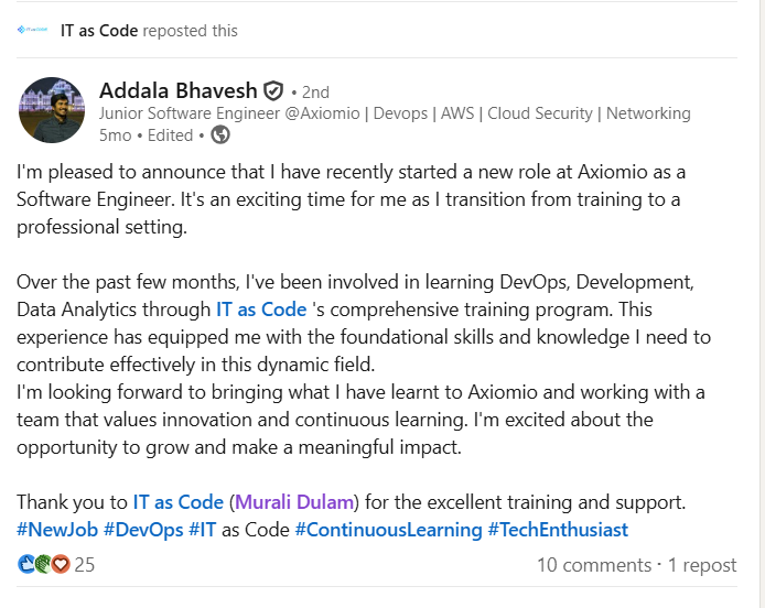 Addala Bhavesh — LinkedIn post